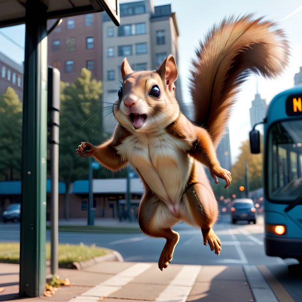 Imagen de un salto de una ardilla voladora en la parada de autobús