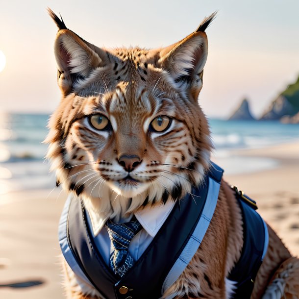 Imagem de um lince em um colete na praia