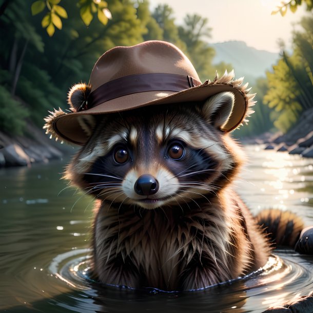 Pic of a raccoon in a hat in the river