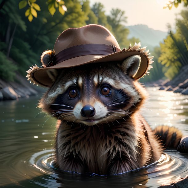 Foto de un mapache en un sombrero en el río