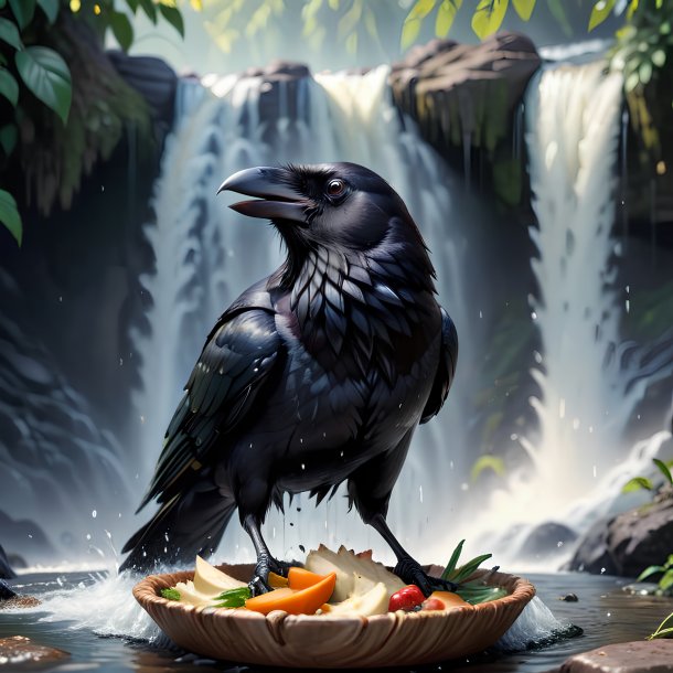 Image d'un repas d'un corbeau dans la cascade