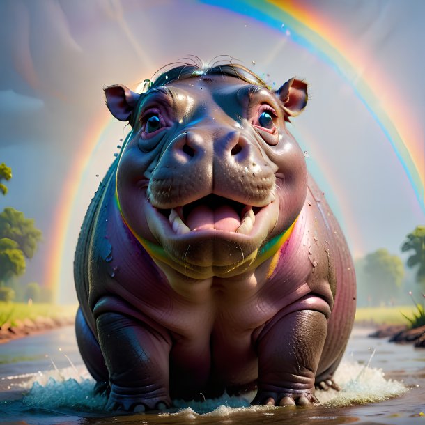 Photo of a crying of a hippopotamus on the rainbow