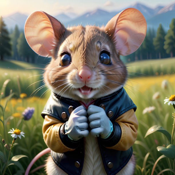 Picture of a mouse in a gloves in the meadow