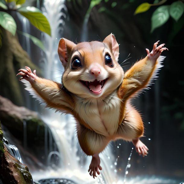 Pic of a smiling of a flying squirrel in the waterfall