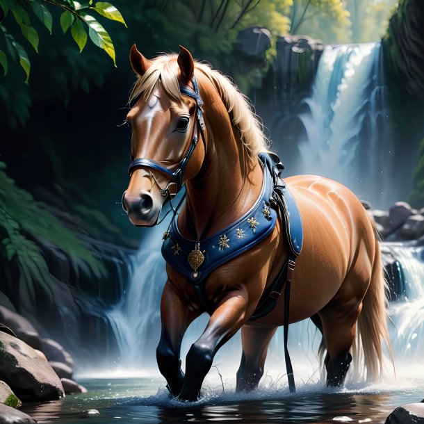 Picture of a horse in a gloves in the waterfall