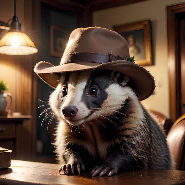 Pic of a badger in a hat in the house