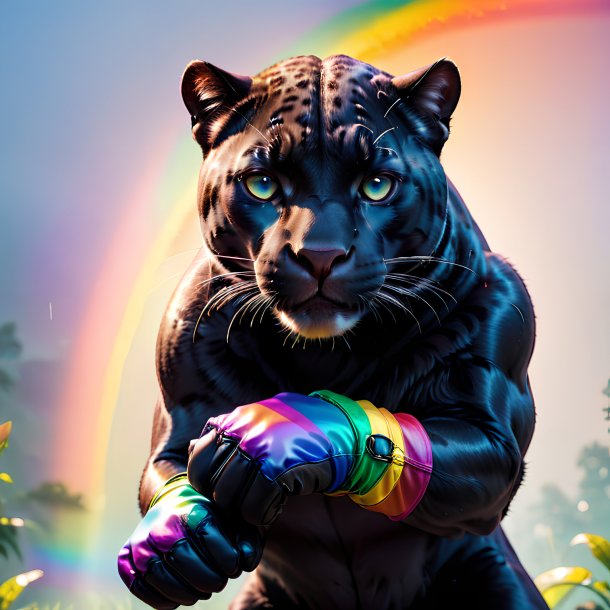 Imagen de una pantera en guantes en el arco iris