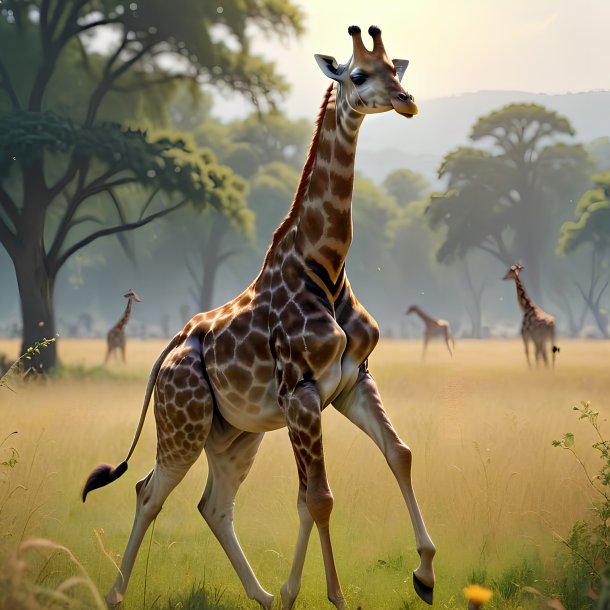 Image of a dancing of a giraffe in the meadow