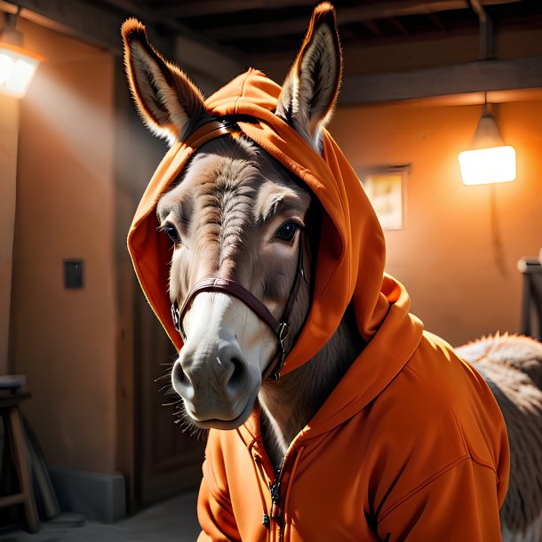 Photo of a donkey in a orange hoodie