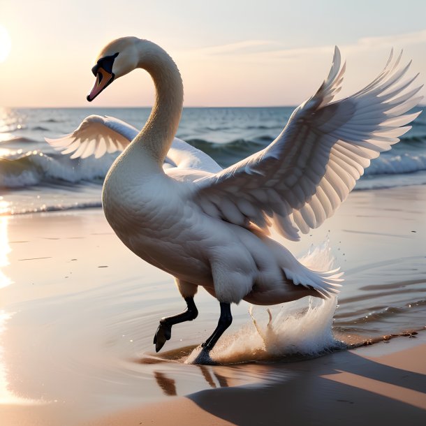 Pic of a jumping of a swan on the beach