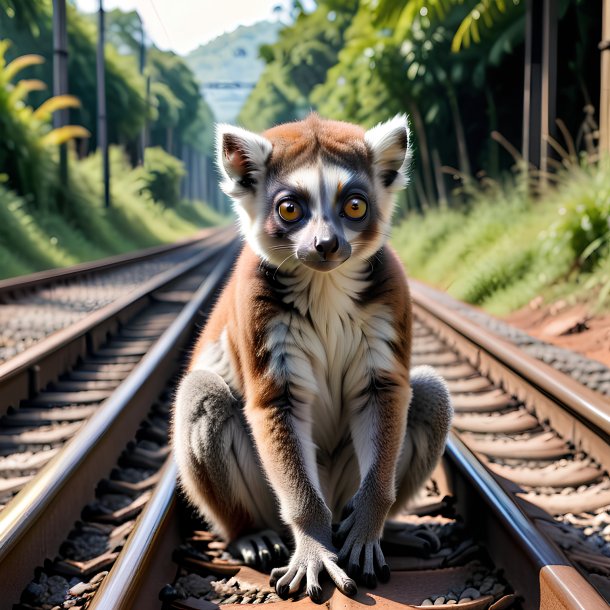 Photo of a waiting of a lemur on the railway tracks