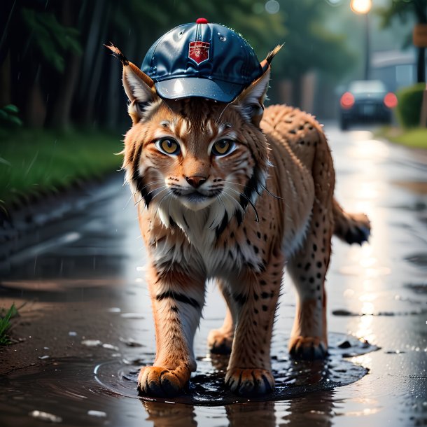 Image of a lynx in a cap in the puddle