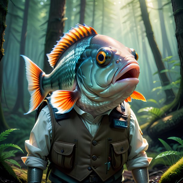 Picture of a fish in a vest in the forest