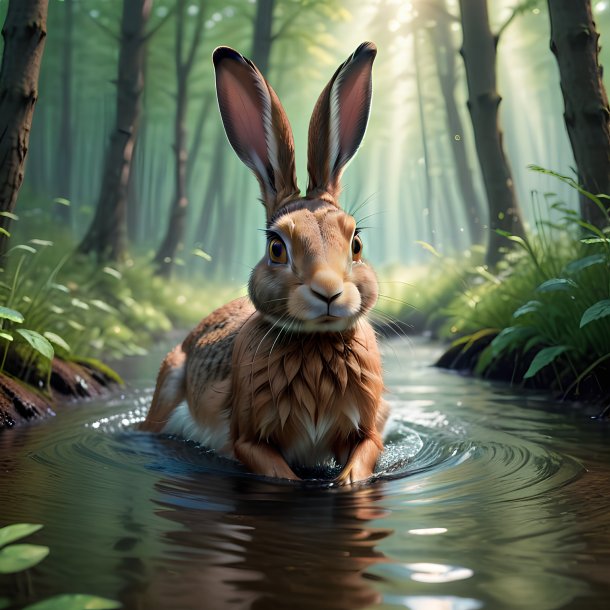 Image of a swimming of a hare in the forest