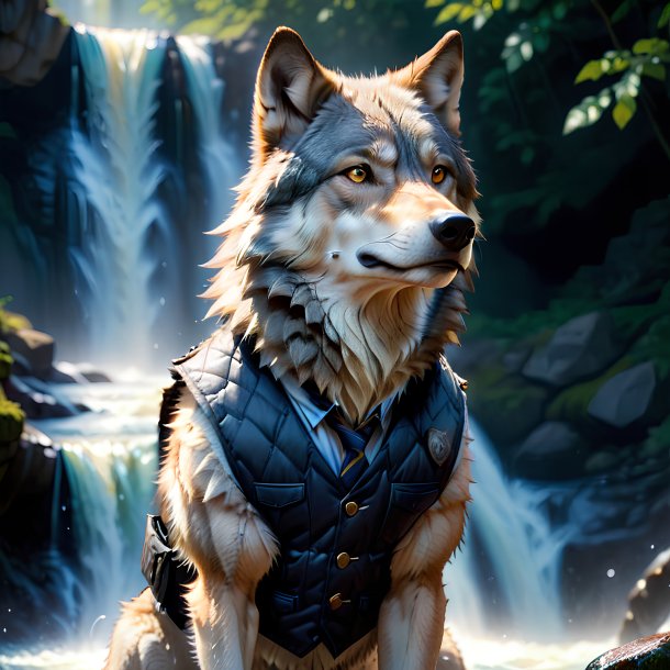 Photo of a wolf in a vest in the waterfall