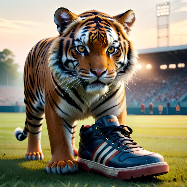 Foto de un tigre en un zapato en el campo