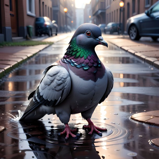 Drawing of a pigeon in a gloves in the puddle