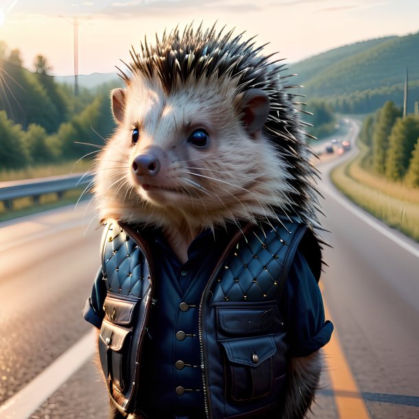 Photo of a porcupine in a vest on the highway