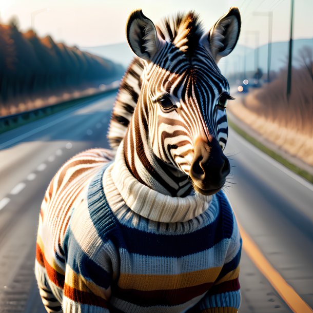 Photo of a zebra in a sweater on the highway