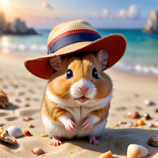 Photo d'un hamster dans un chapeau sur la plage