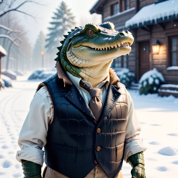 Photo of a crocodile in a vest in the snow