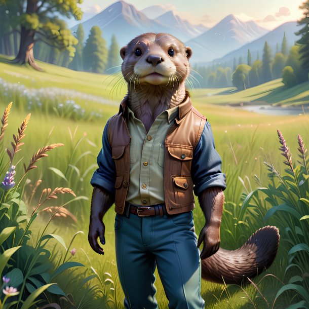 Illustration of a otter in a trousers in the meadow