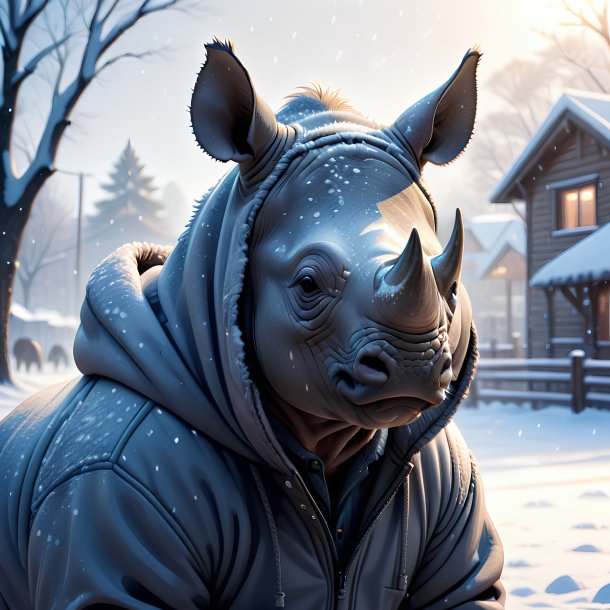 Drawing of a rhinoceros in a hoodie in the snow