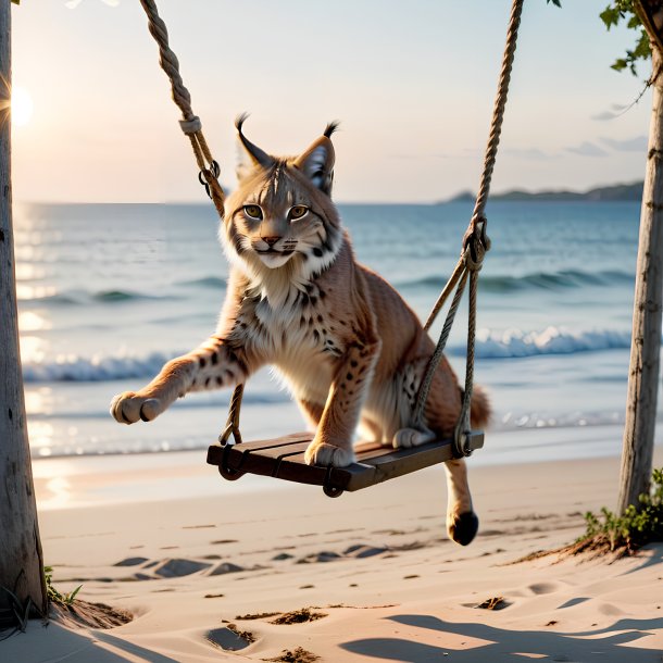 Uma foto de um balanço em um balanço de um lince na praia