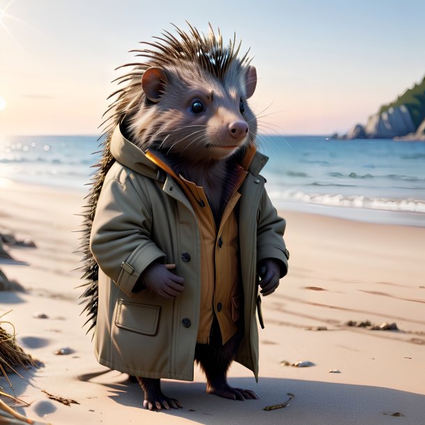 Illustration of a porcupine in a coat on the beach