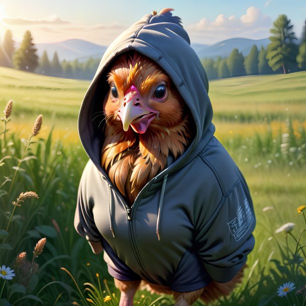 Illustration of a hen in a hoodie in the meadow