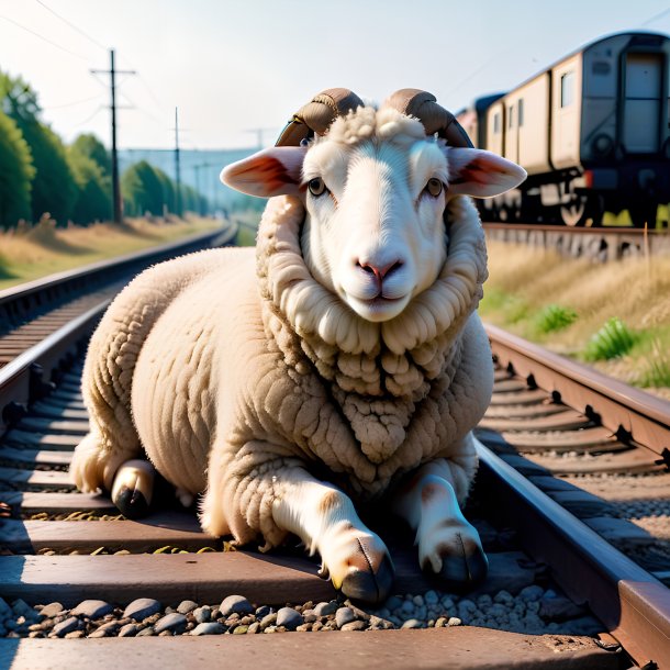 Photo of a resting of a sheep on the railway tracks