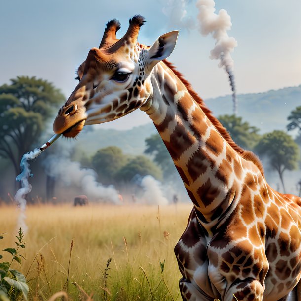 Foto de un fumar de una jirafa en el prado