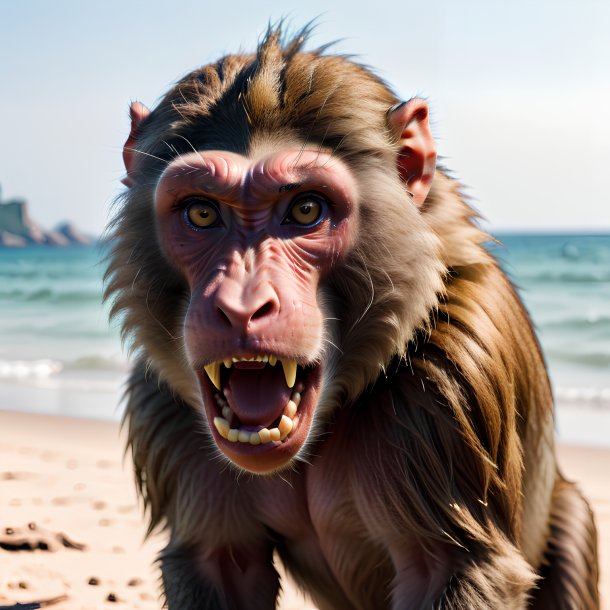 Photo of a threatening of a baboon on the beach