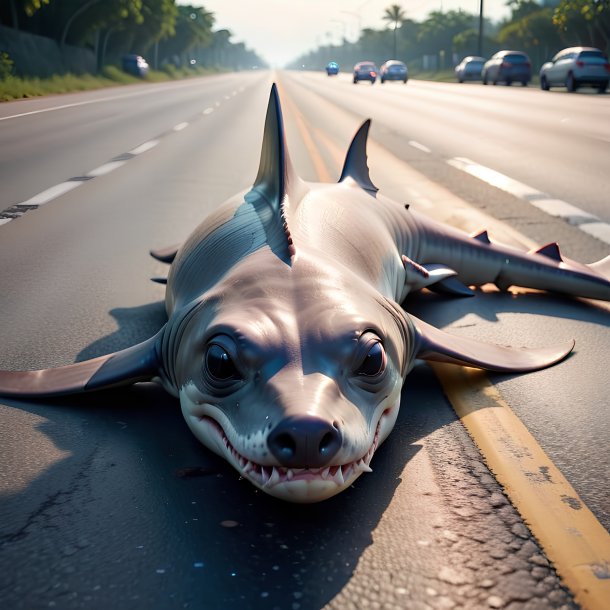 Image of a sleeping of a hammerhead shark on the road