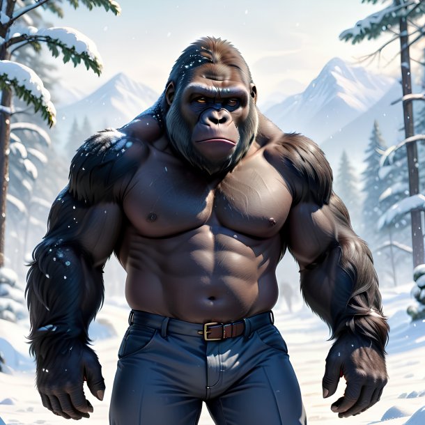 Drawing of a gorilla in a trousers in the snow