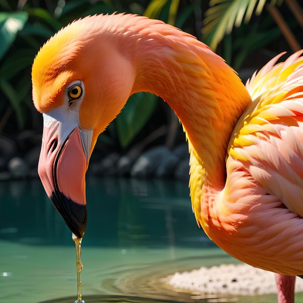 Pic of a yellow drinking flamingo