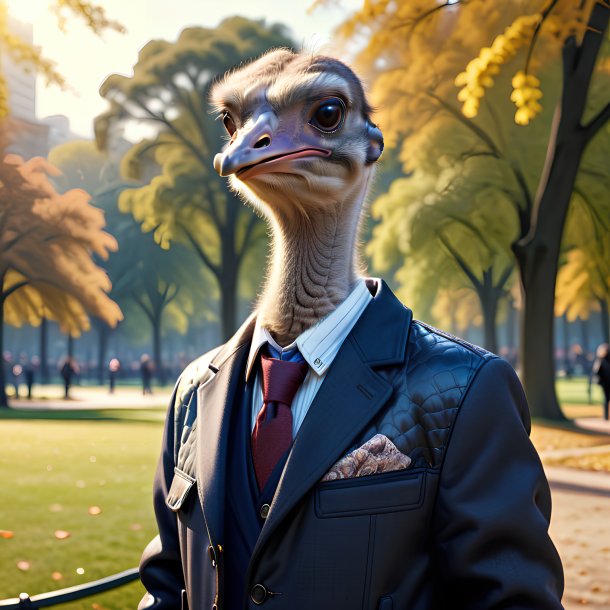 Image of a ostrich in a jacket in the park