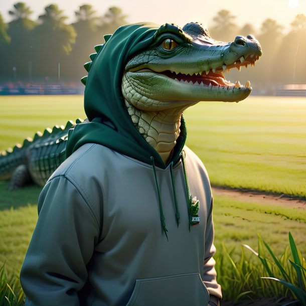 Imagem de um crocodilo em um hoodie no campo