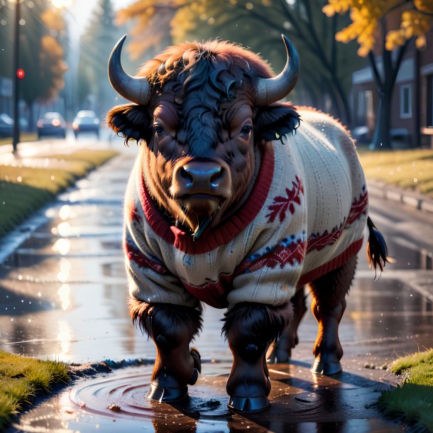 Photo of a bison in a sweater in the puddle