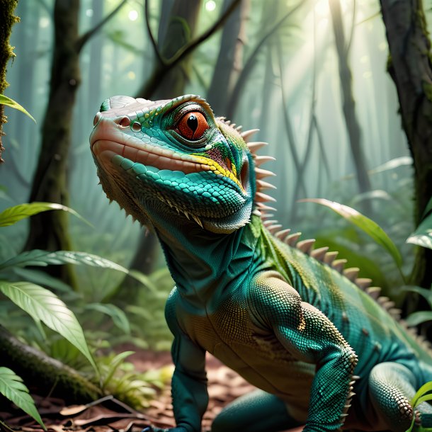 Image of a threatening of a lizard in the forest