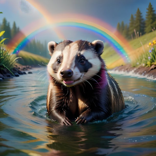 Picture of a swimming of a badger on the rainbow