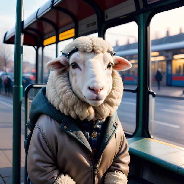 Imagem de uma ovelha em uma jaqueta no ponto de ônibus