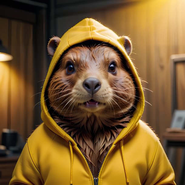 Image of a beaver in a yellow hoodie