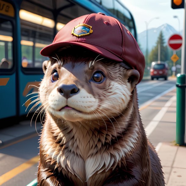 Foto de uma lontra em um boné no ponto de ônibus