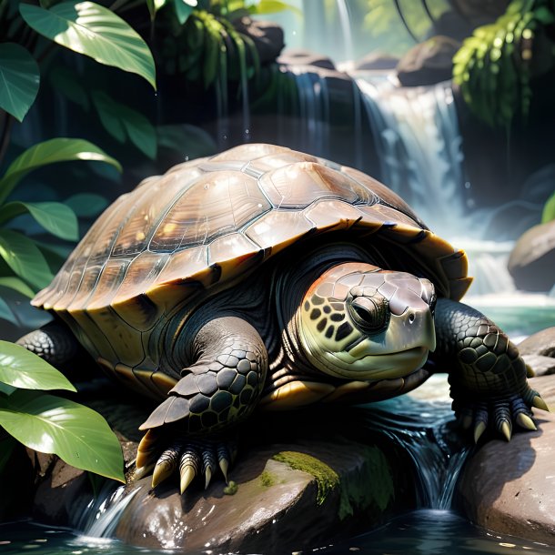 Photo of a sleeping of a turtle in the waterfall