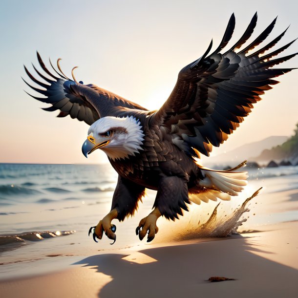 Photo of a jumping of a eagle on the beach