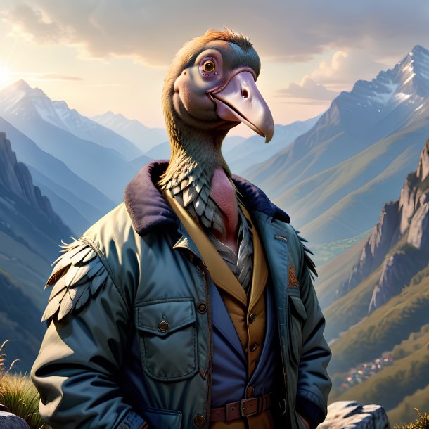 Dibujo de un dodo en una chaqueta en las montañas