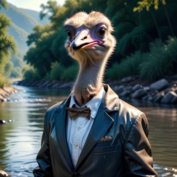 Image of a ostrich in a jacket in the river