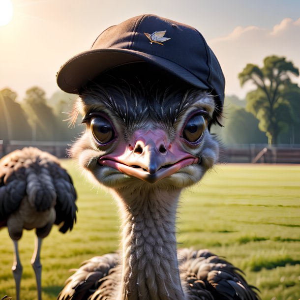 Photo of a ostrich in a cap on the field