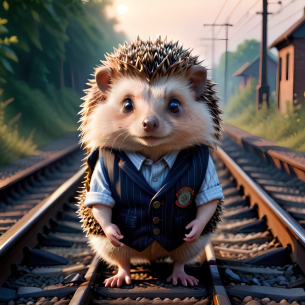 Picture of a hedgehog in a vest on the railway tracks